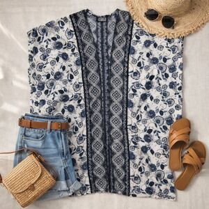Angie Kimono Cardigan Women Navy Blue Cream Floral Boho Open Front Top